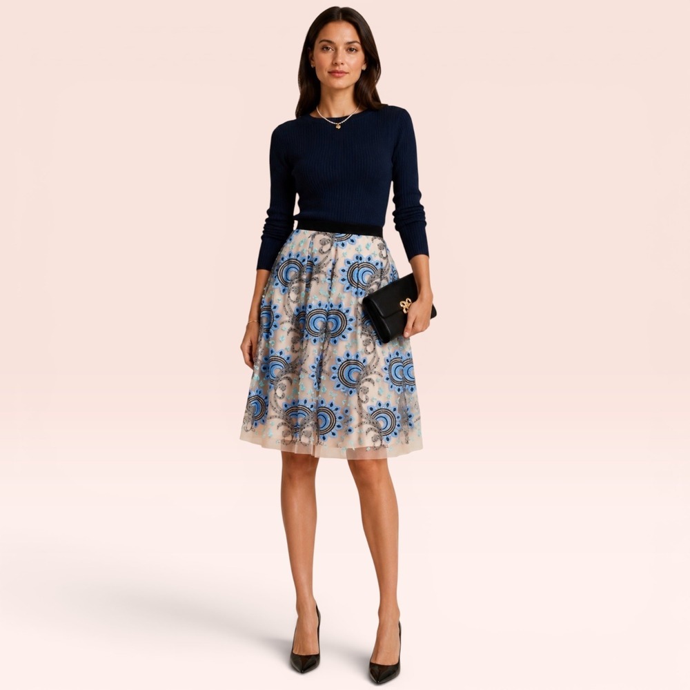 Anthropologie Eva Franco 4P Petite Embroidered Mesh Floral Midi Skirt Blue USA‎